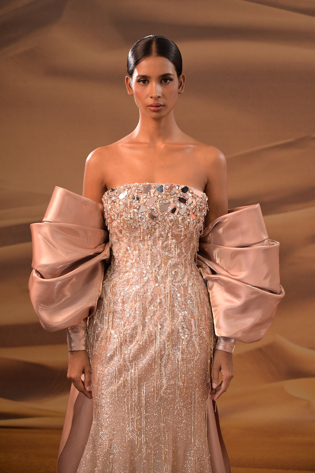 Crystal-Embroidered Dress with Off-The-Shoulder Corset