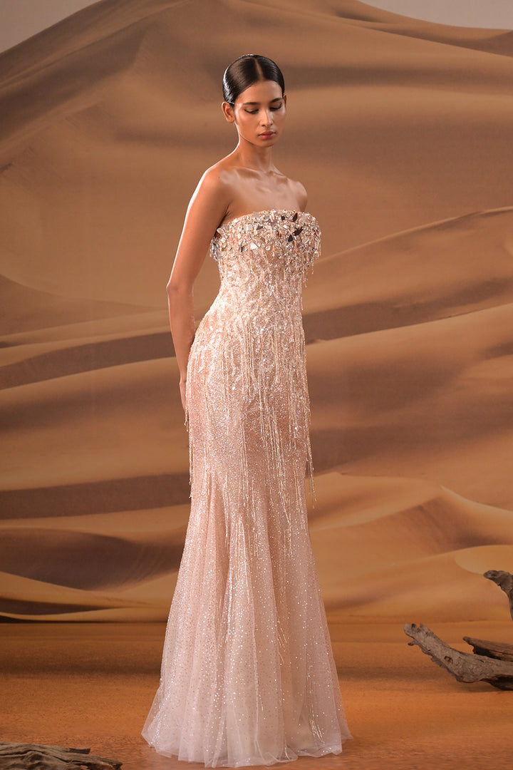 Crystal-Embroidered Dress with Strapless Neckline