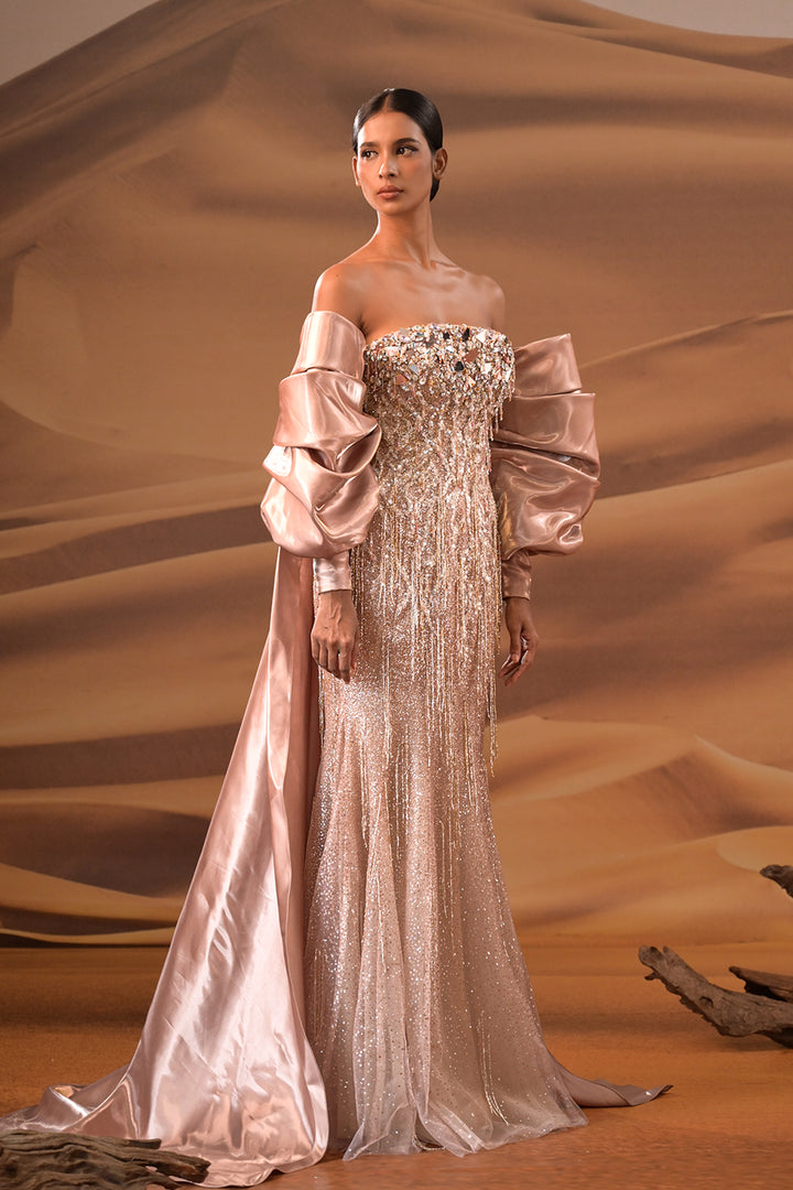 Crystal-Embroidered Dress with Off-The-Shoulder Corset
