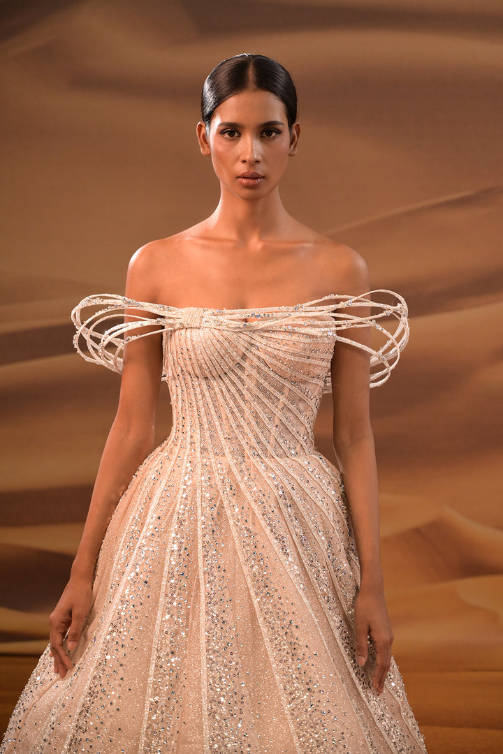 Off-The-Shoulder Embellished A-Line Dress