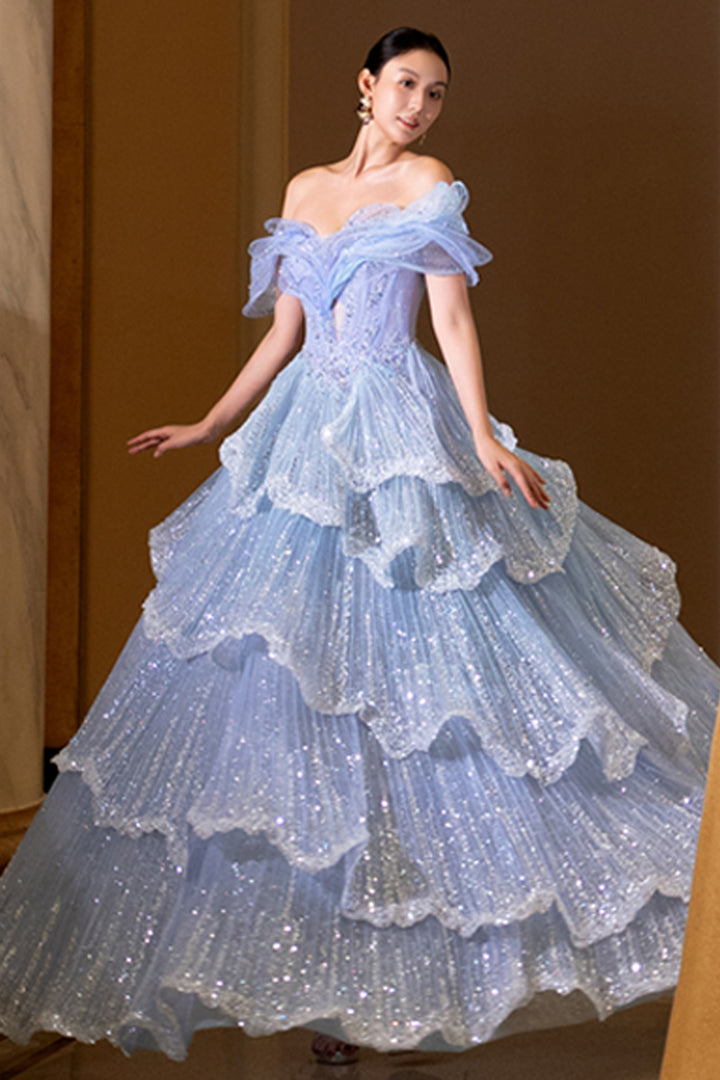 Off-The-Shoulder Tulle A-Line with Tiered Ruffles