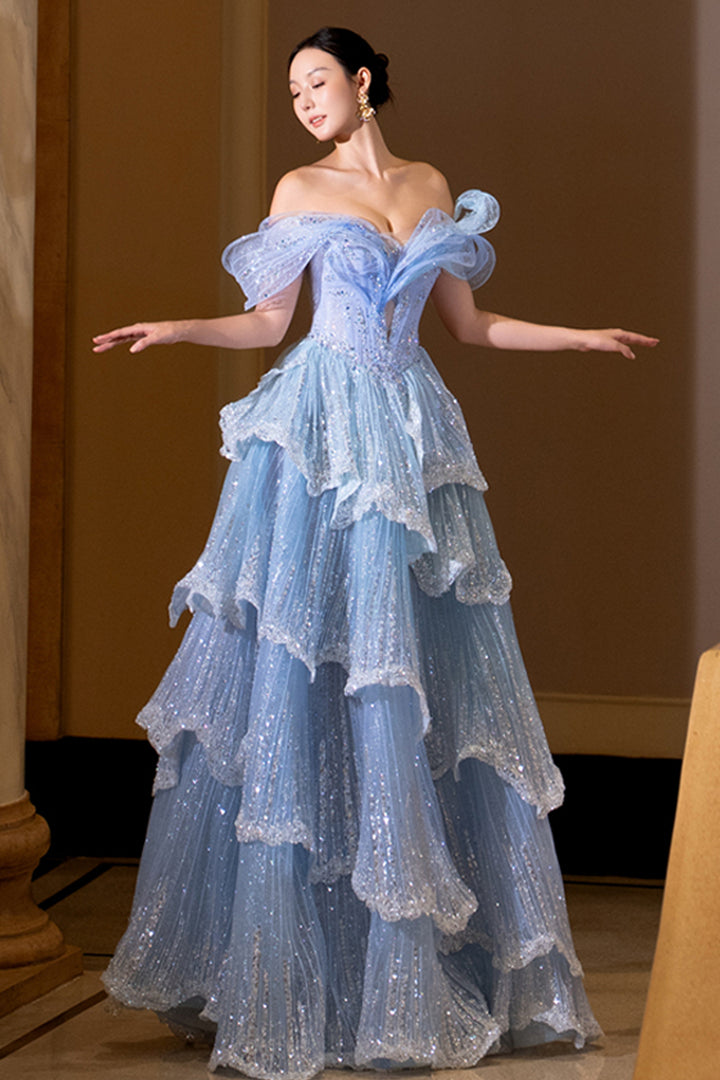 Off-The-Shoulder Tulle A-Line with Tiered Ruffles