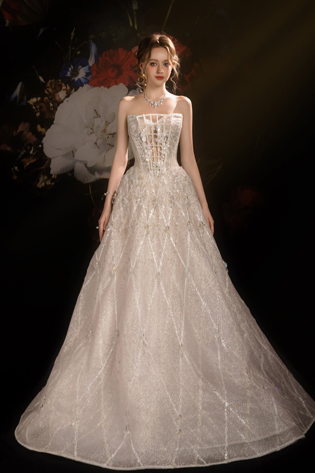 3D Floral A-Line Dress with Bead Embroidery White / FR 40 3D Floral A-Line Dress with Bead Embroidery White / FR 40