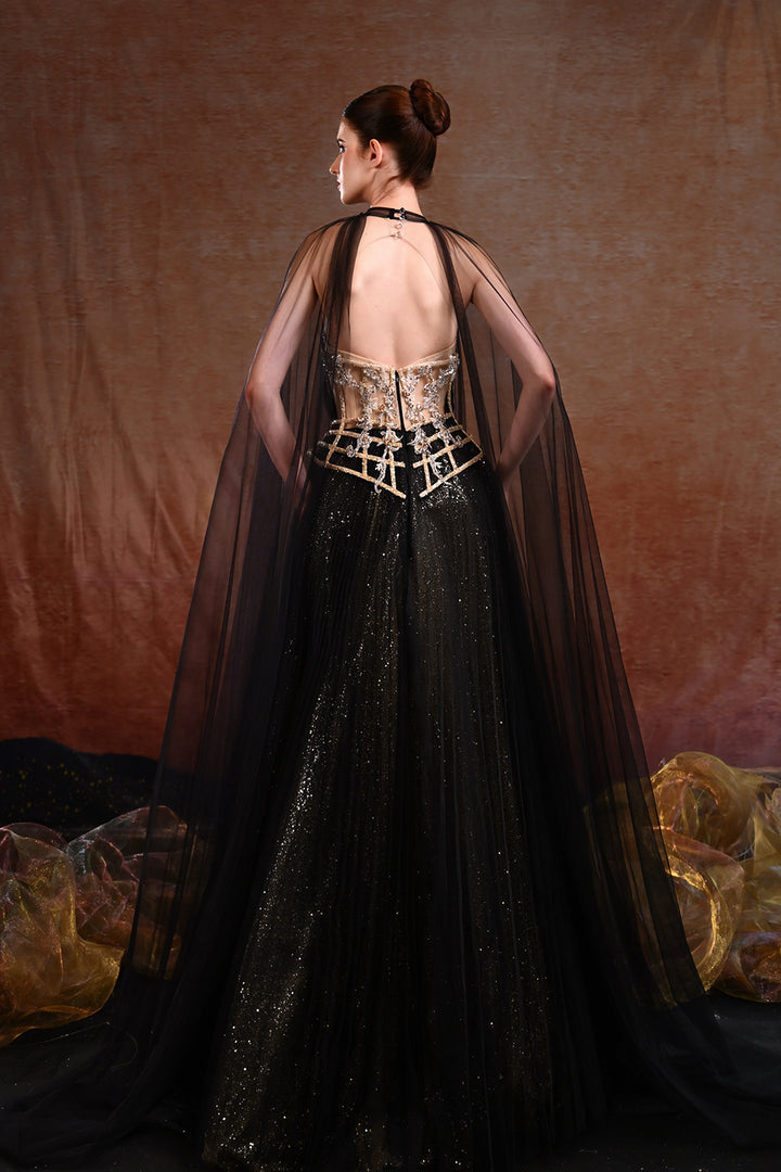 Embroidered A-line Dress with Cape Overlay