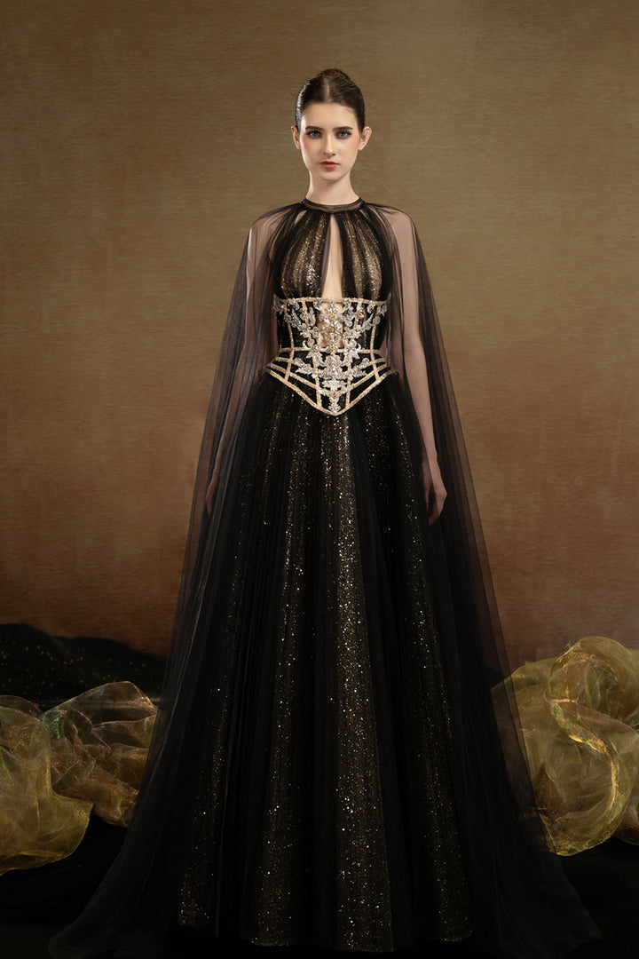 Embroidered A-line Dress with Cape Overlay