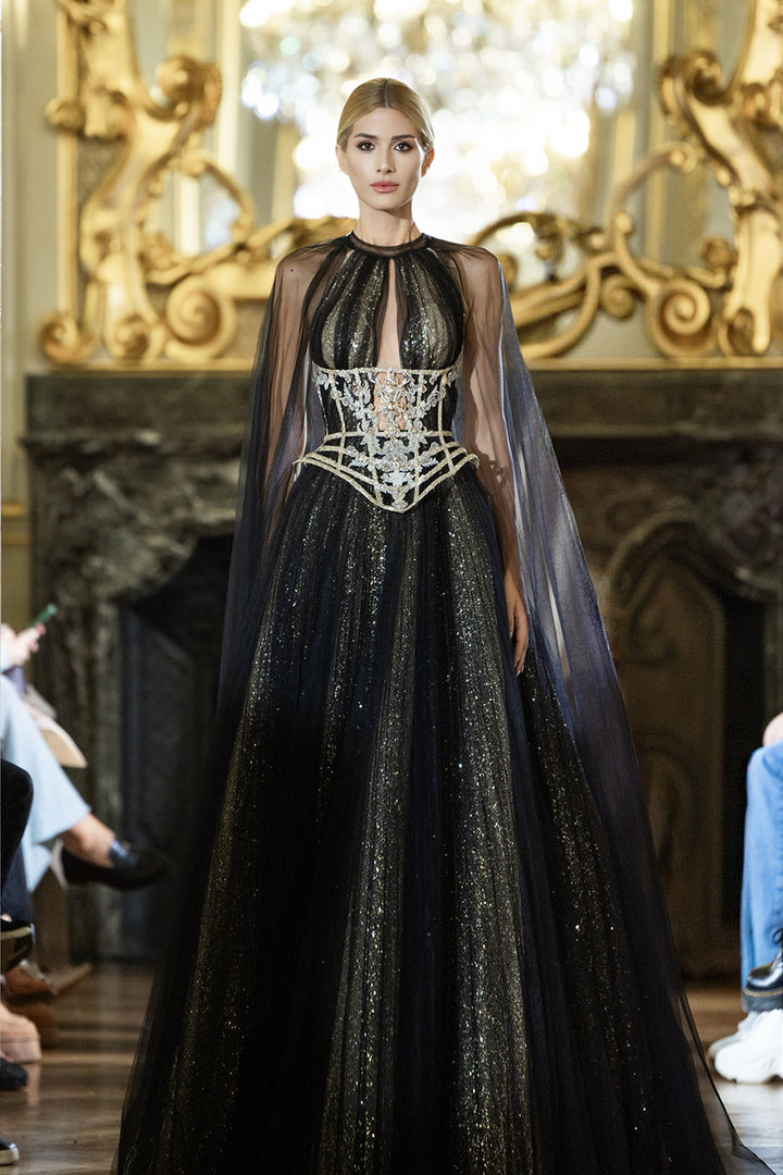 Embroidered A-line Dress with Cape Overlay