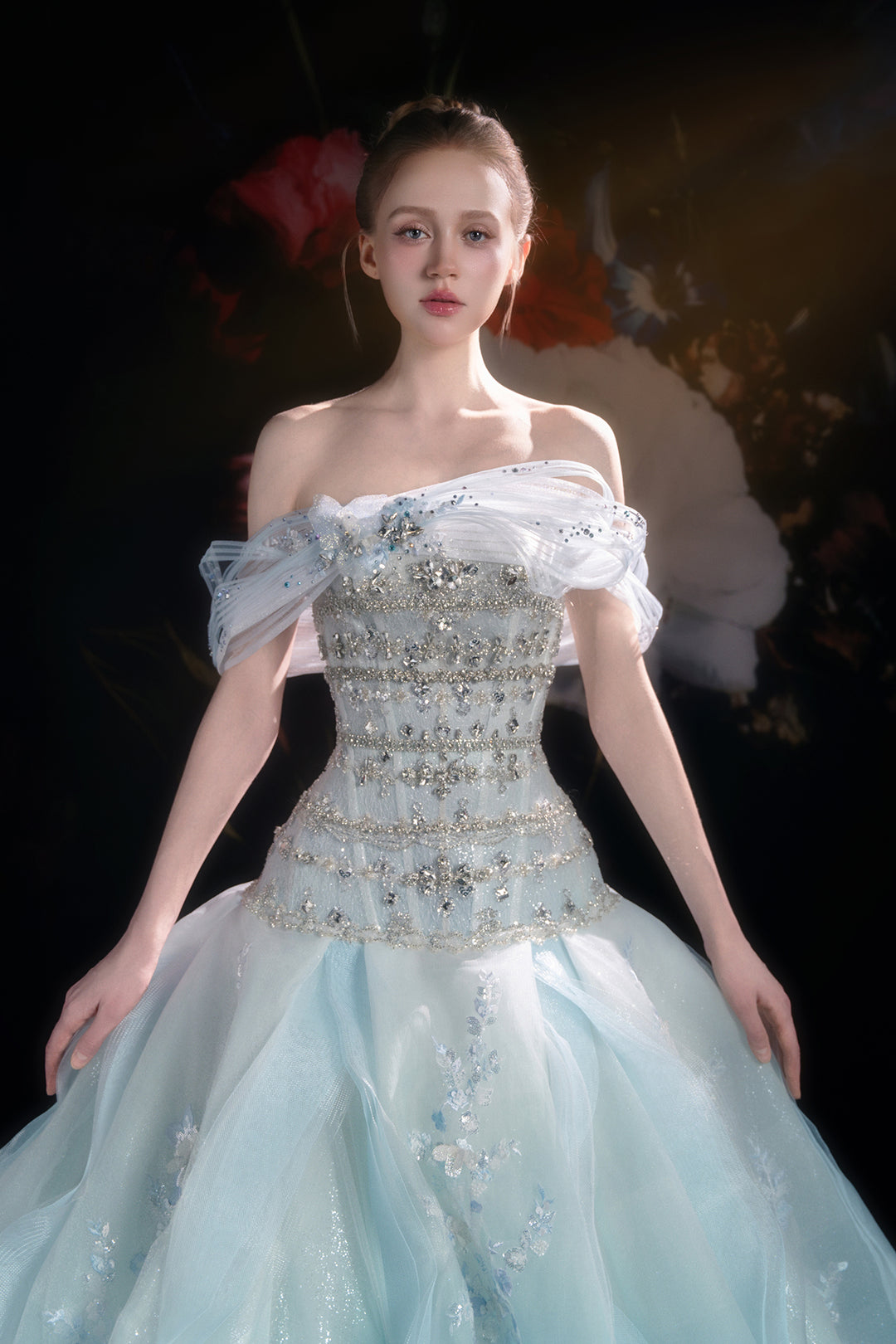 A-Line Dress with Crystal Embellishment and 3D Florals