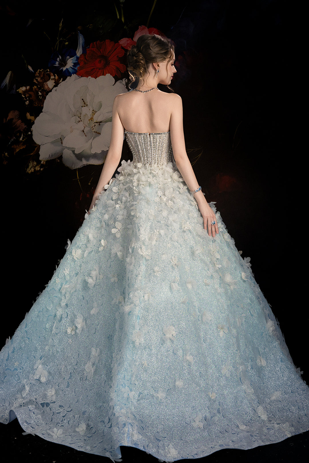 A-Line Dress with Crystal Embroidery and Floral Motifs