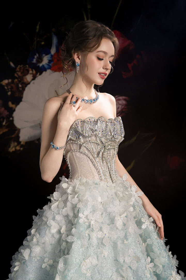 A-Line Dress with Crystal Embroidery and Floral Motifs