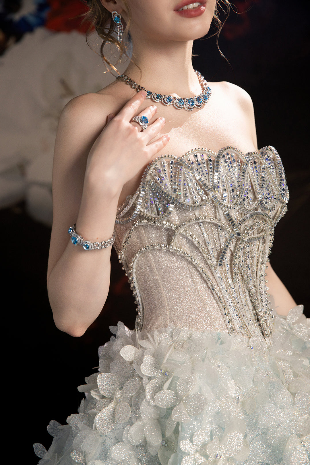 A-Line Dress with Crystal Embroidery and Floral Motifs