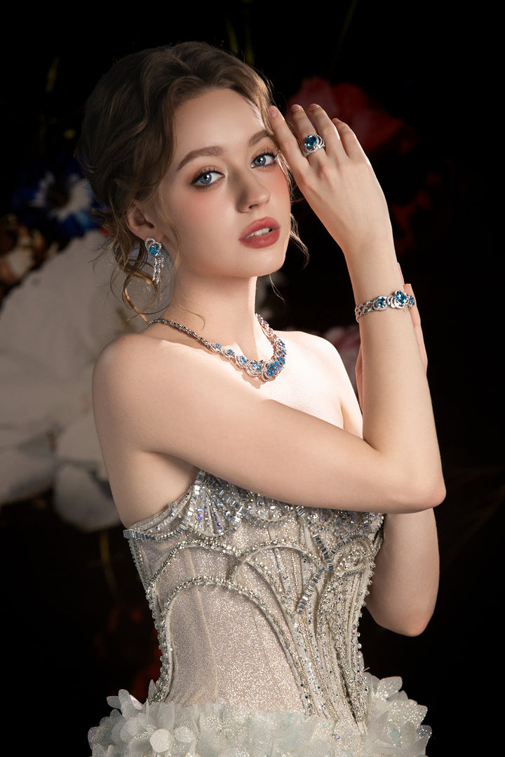 A-Line Dress with Crystal Embroidery and Floral Motifs