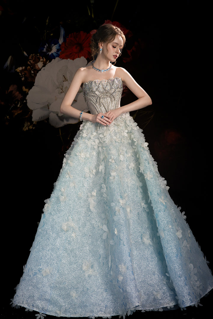 A-Line Dress with Crystal Embroidery and Floral Motifs