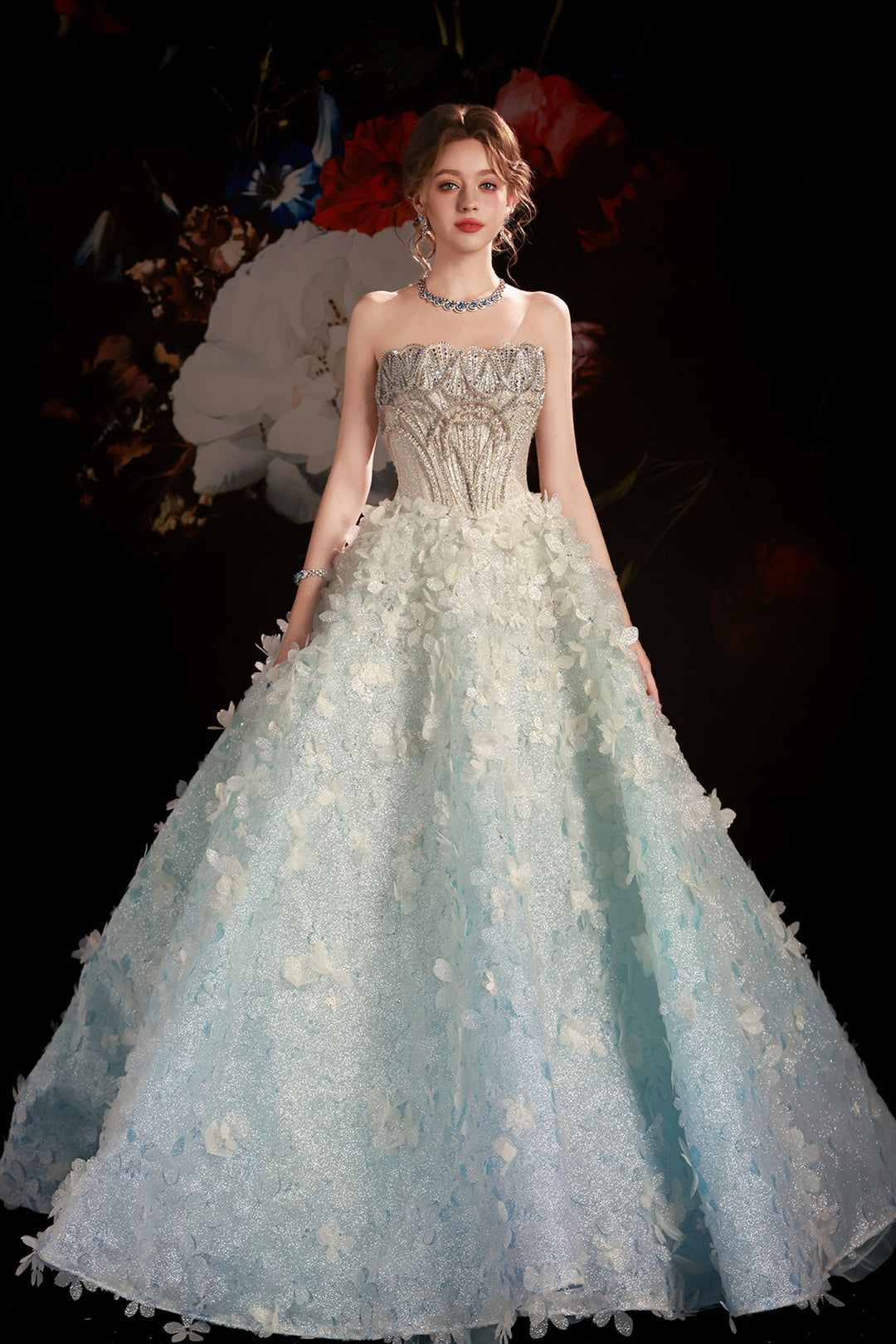 A-Line Dress with Crystal Embroidery and Floral Motifs Pale Blue / FR 44 A-Line Dress with Crystal Embroidery and Floral Motifs Pale Blue / FR 44