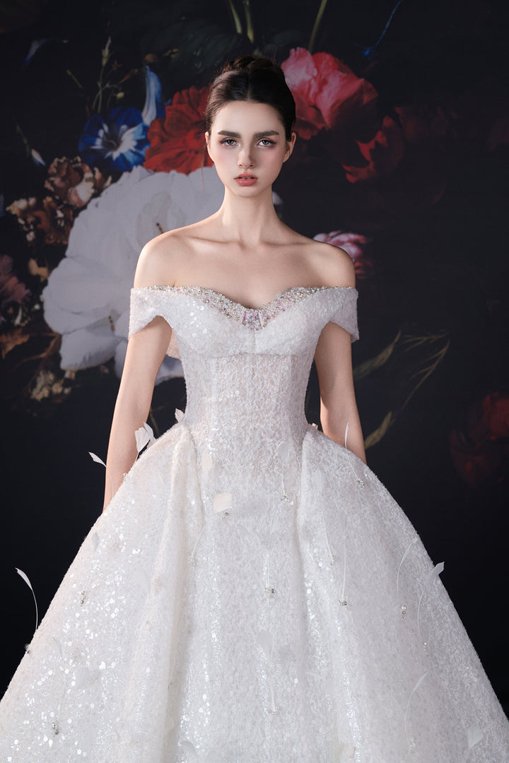 Off-The-Shoulder Neckline A-Line Dress with Beading