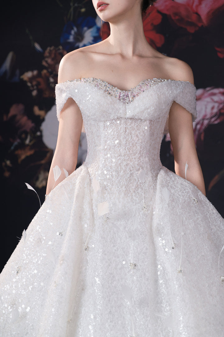 Off-The-Shoulder Neckline A-Line Dress with Beading