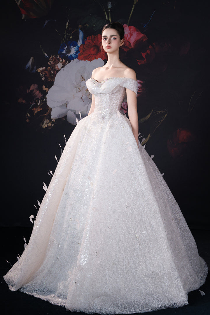 Off-The-Shoulder Neckline A-Line Dress with Beading