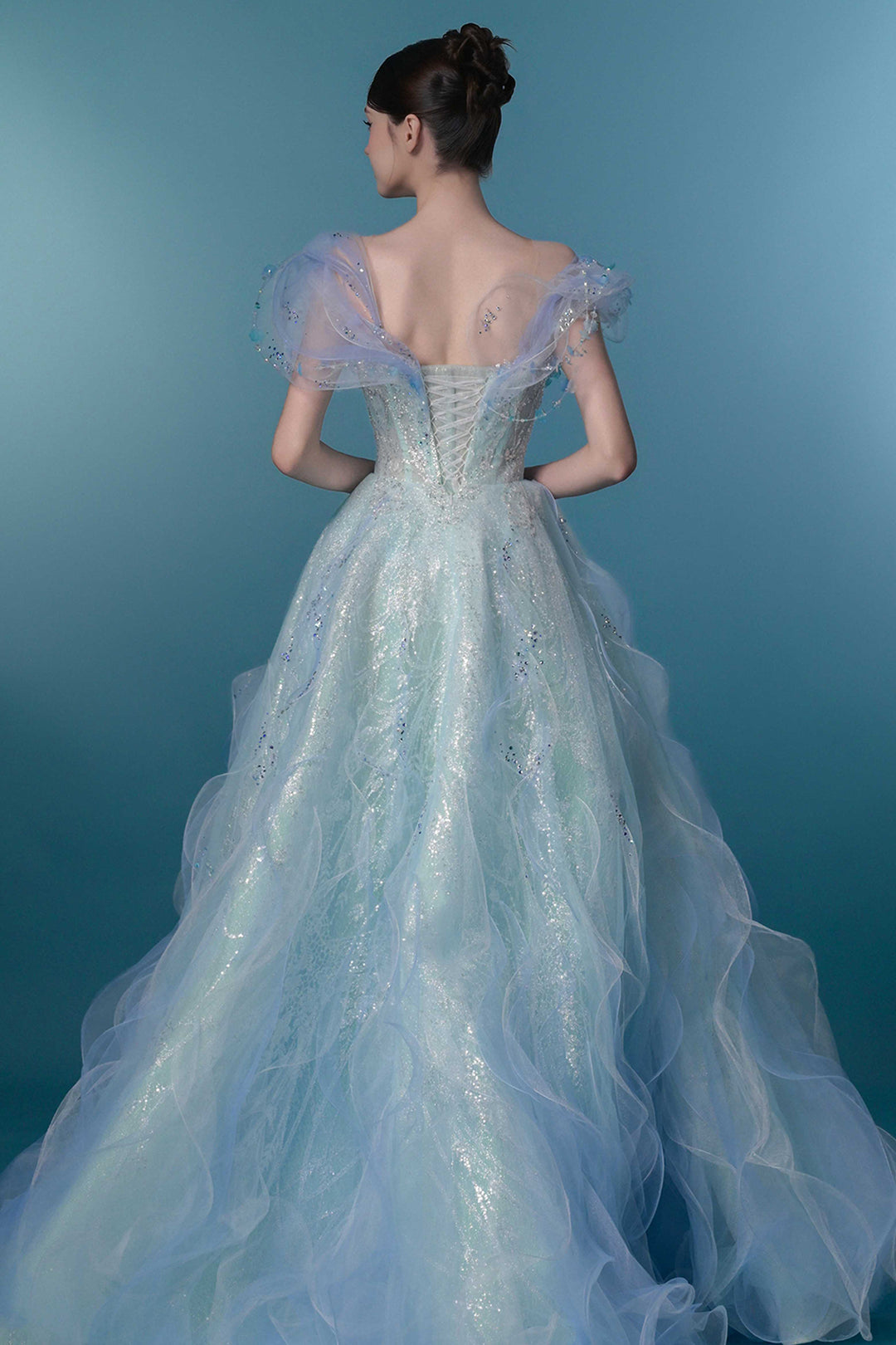 Off-The-Shoulder Corset Dress with 3D Floral Appliqués