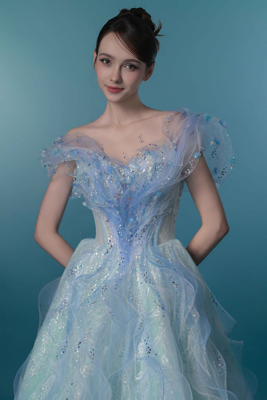 Off-The-Shoulder Corset Dress with 3D Floral Appliqués