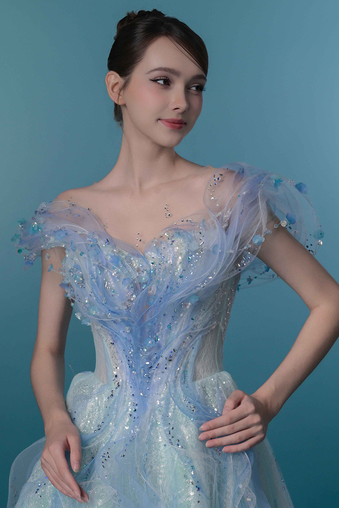 Off-The-Shoulder Corset Dress with 3D Floral Appliqués