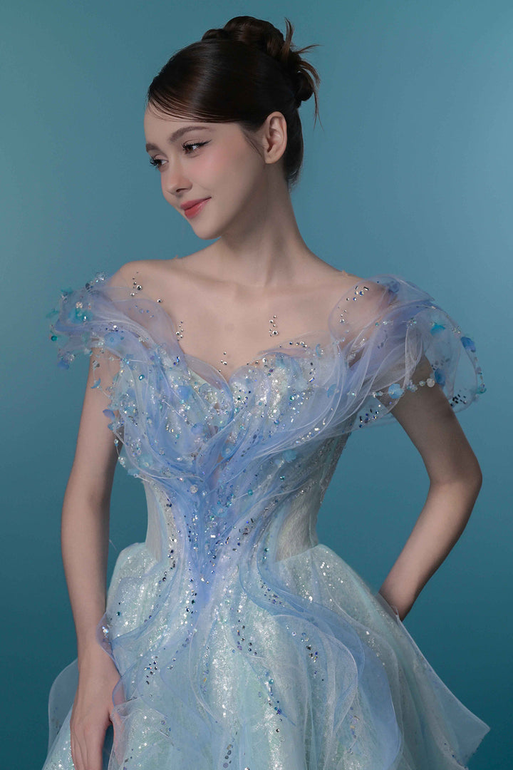 Off-The-Shoulder Corset Dress with 3D Floral Appliqués