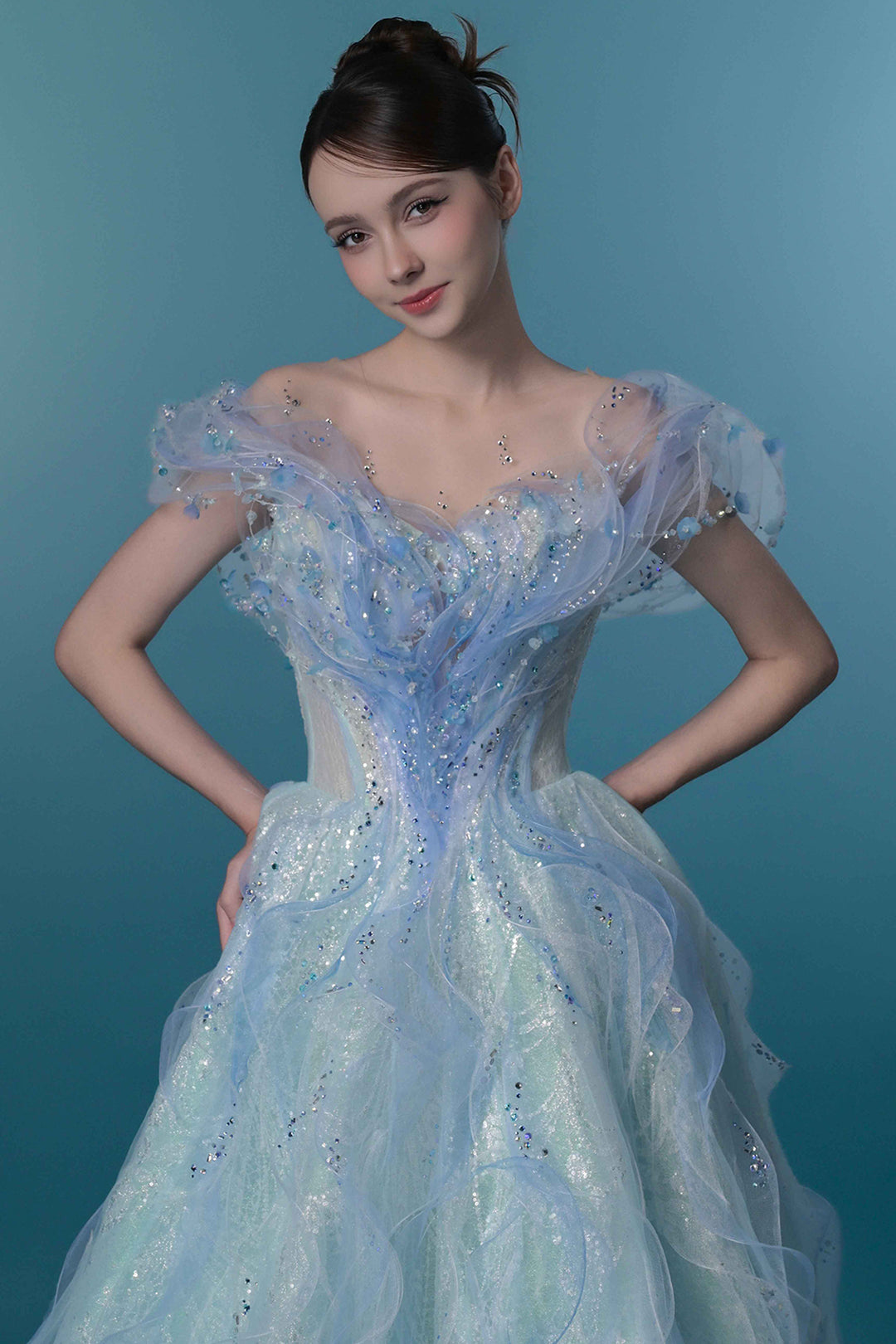 Off-The-Shoulder Corset Dress with 3D Floral Appliqués