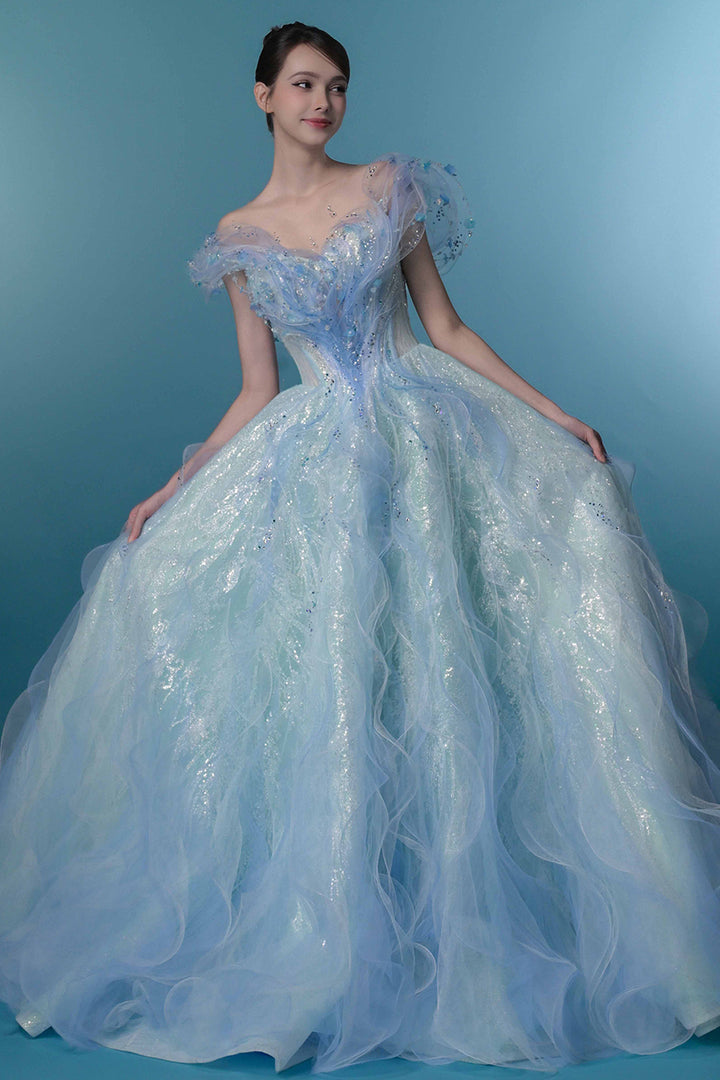 Off-The-Shoulder Corset Dress with 3D Floral Appliqués