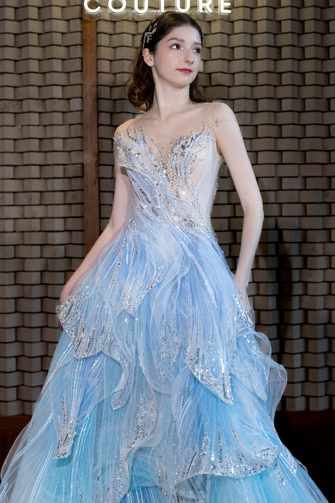 illusion evening dress Beaded Illusion Gown with Sheer Corset Bodice & Glitter Tulle Skirt CD764
