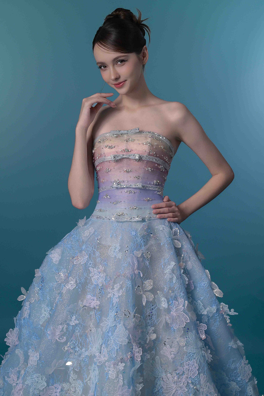 Strapless 3D Floral A-Line Dress