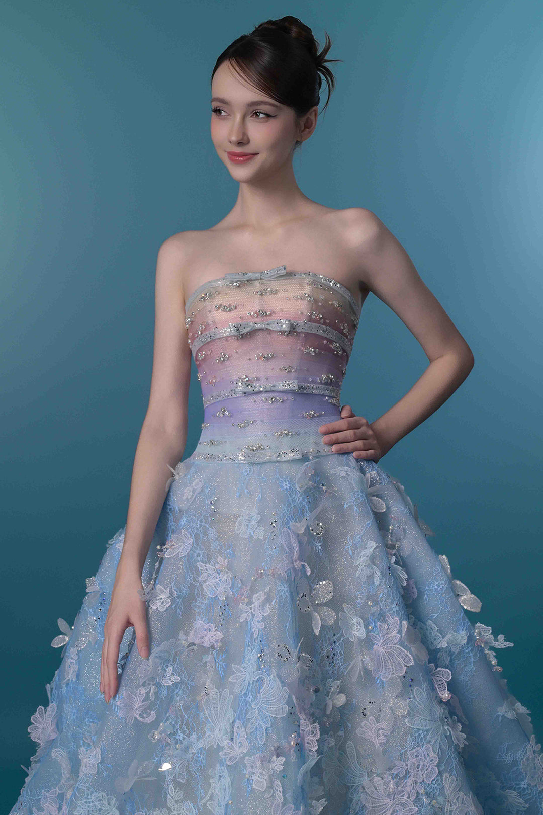 Strapless 3D Floral A-Line Dress