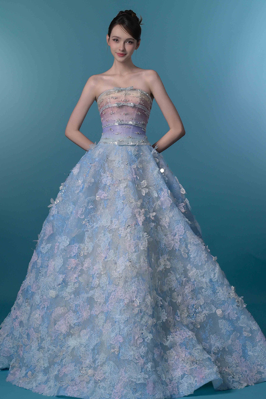Strapless 3D Floral A-Line Dress