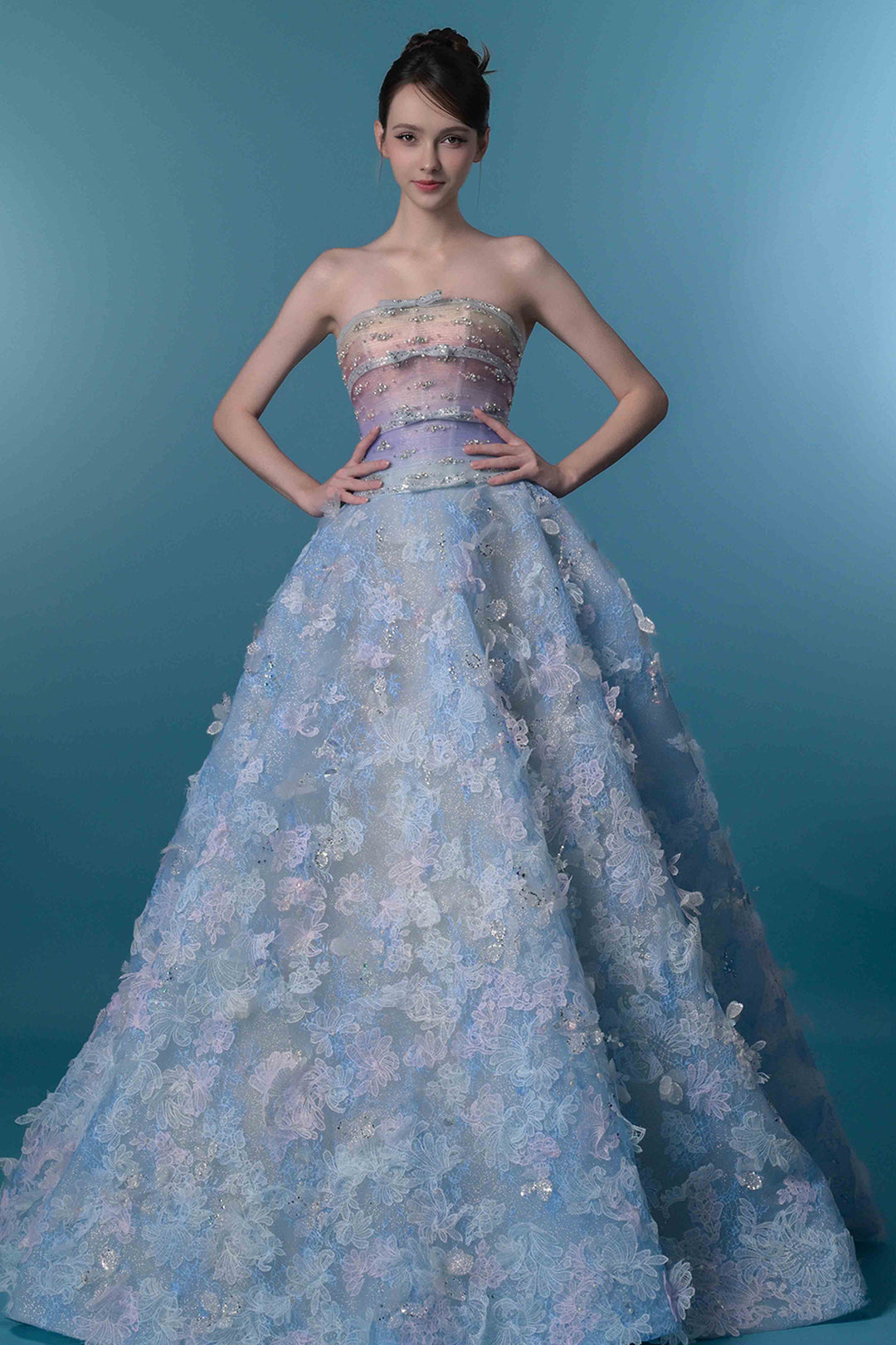 Strapless 3D Floral A-Line Dress