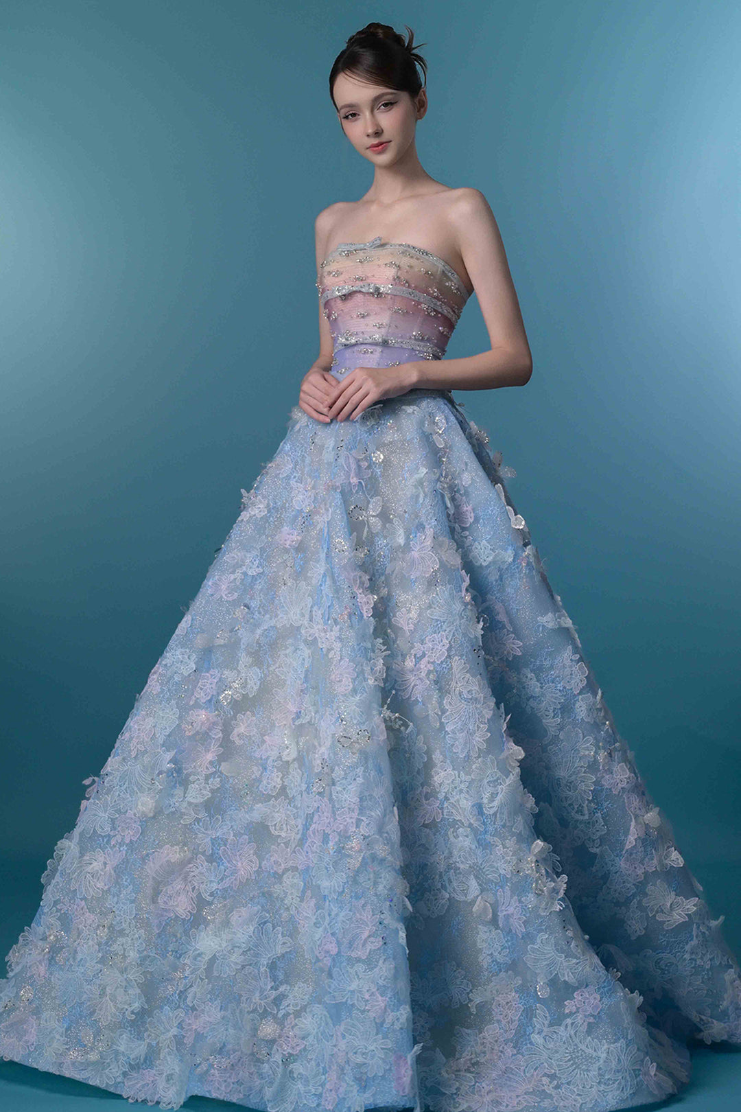 Strapless 3D Floral A-Line Dress