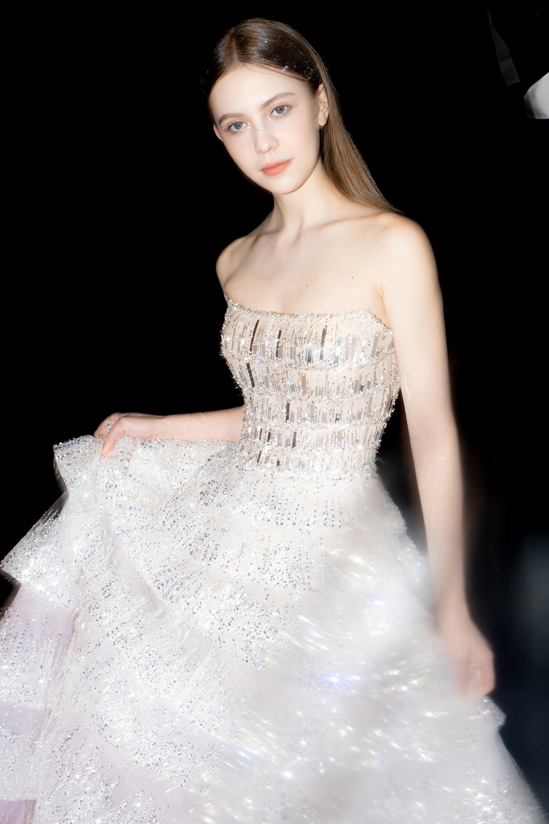 Sheer A-Line with Crystal-Bed Bodice