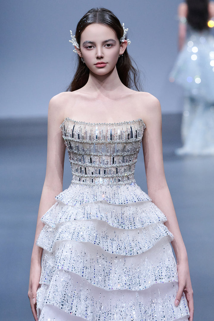 Sheer A-Line with Crystal-Bed Bodice