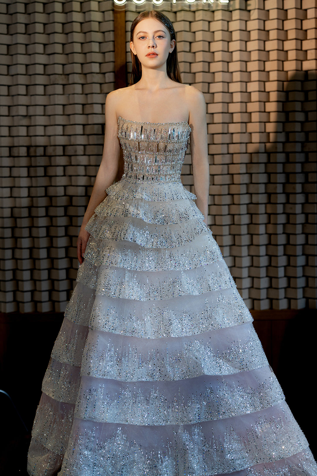 Sheer A-Line with Crystal-Bed Bodice