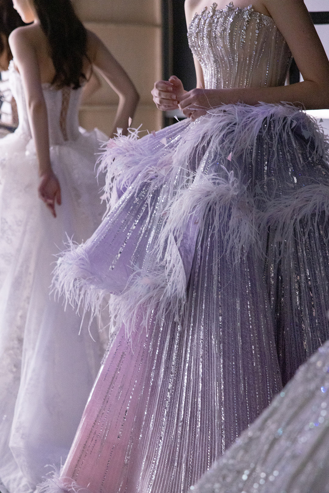 Feather Detailed Strapless Dress