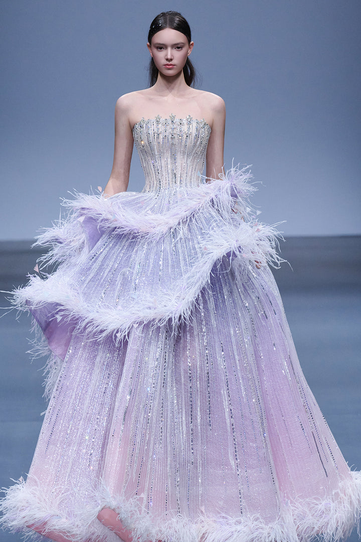 Feather Detailed Strapless Dress
