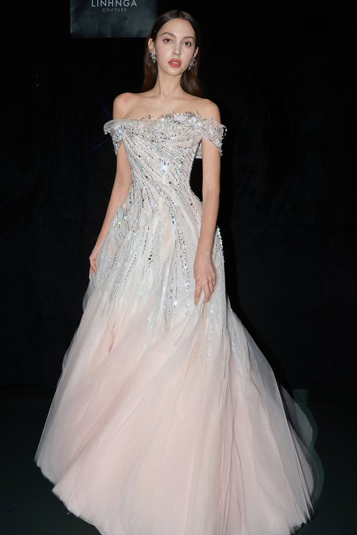 Embellished Off-The-Shoulder A-Line Dress