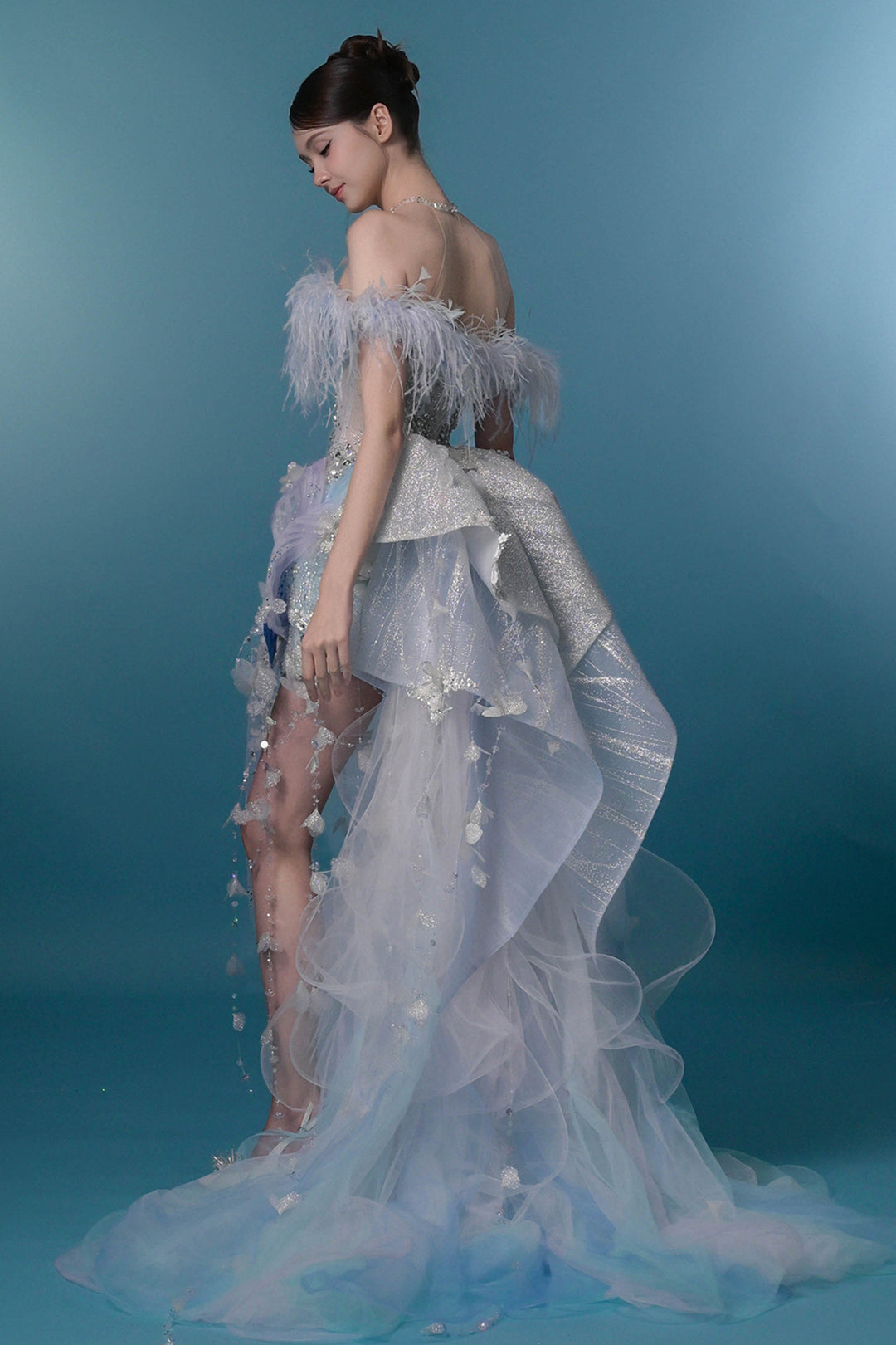 Off-The-Shoulder Tulle Dress with 3D Floral Appliqués