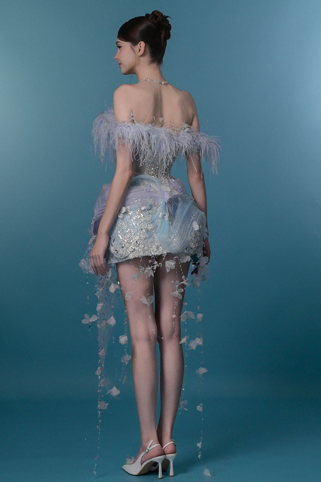 Off-The-Shoulder Tulle Dress with 3D Floral Appliqués