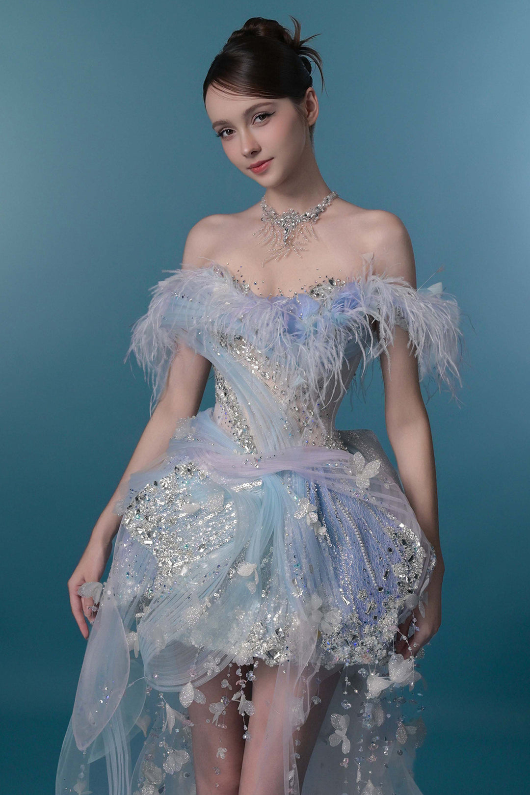 Off-The-Shoulder Tulle Dress with 3D Floral Appliqués