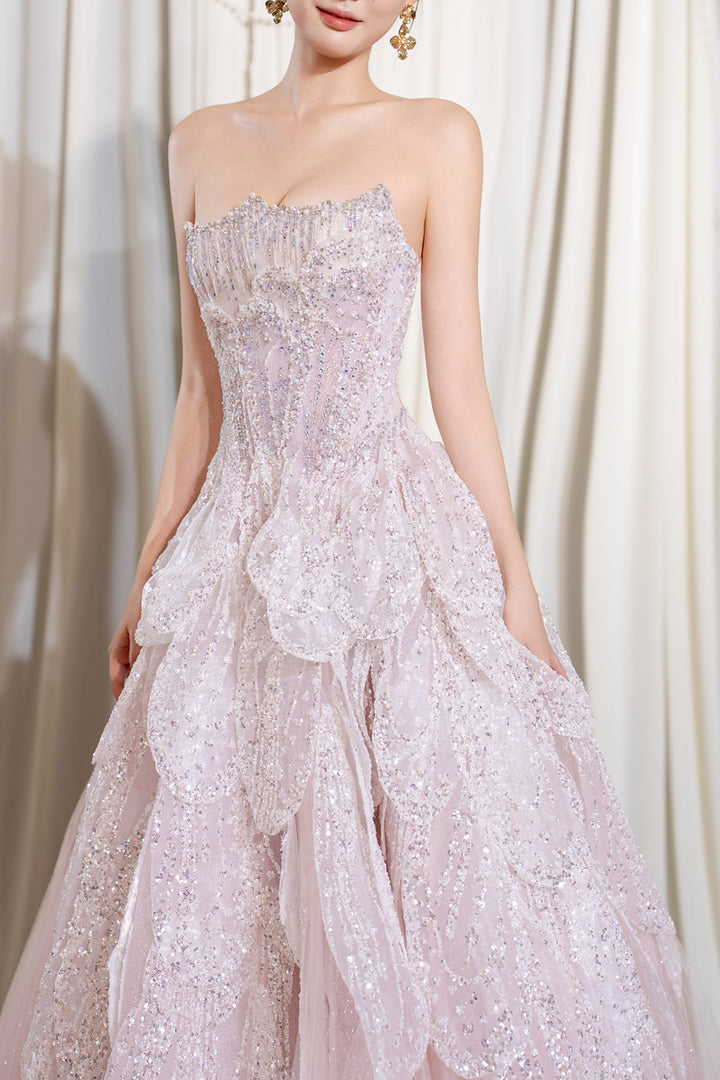 Strapless Cascading Petal Long Dress