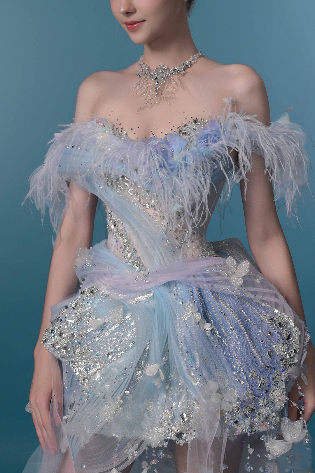 Off-The-Shoulder Tulle Dress with 3D Floral Appliqués