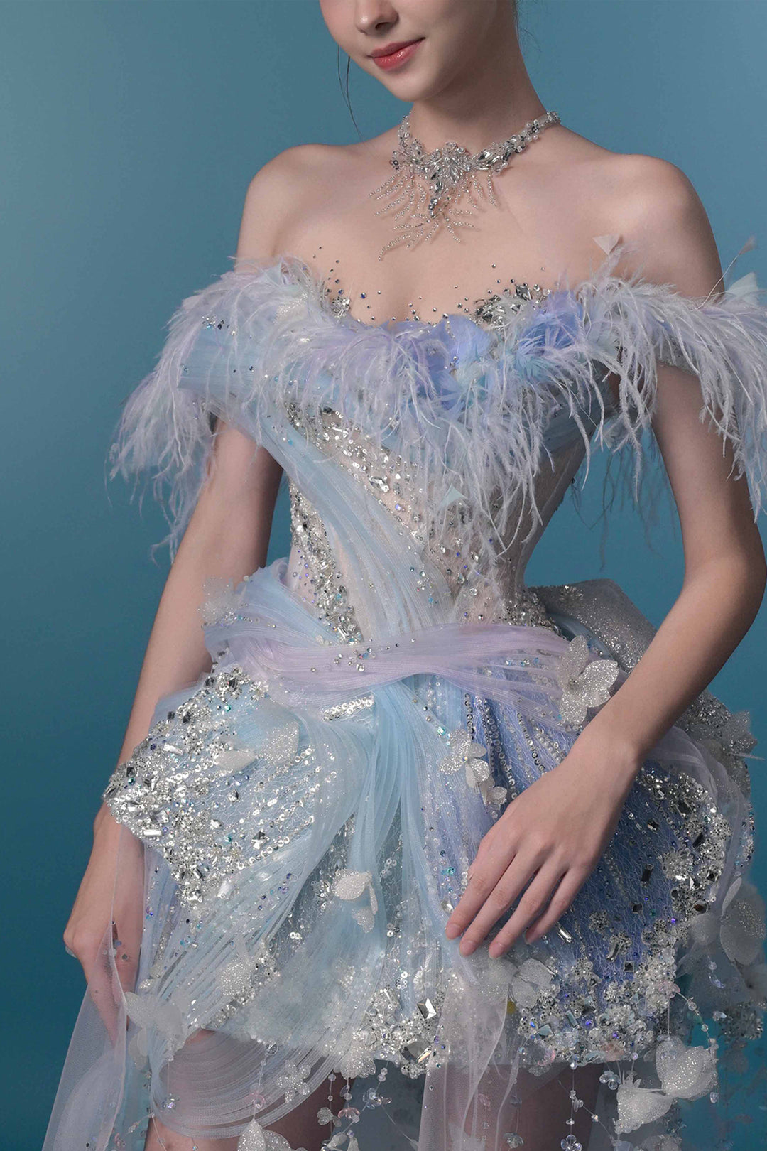 Off-The-Shoulder Tulle Dress with 3D Floral Appliqués