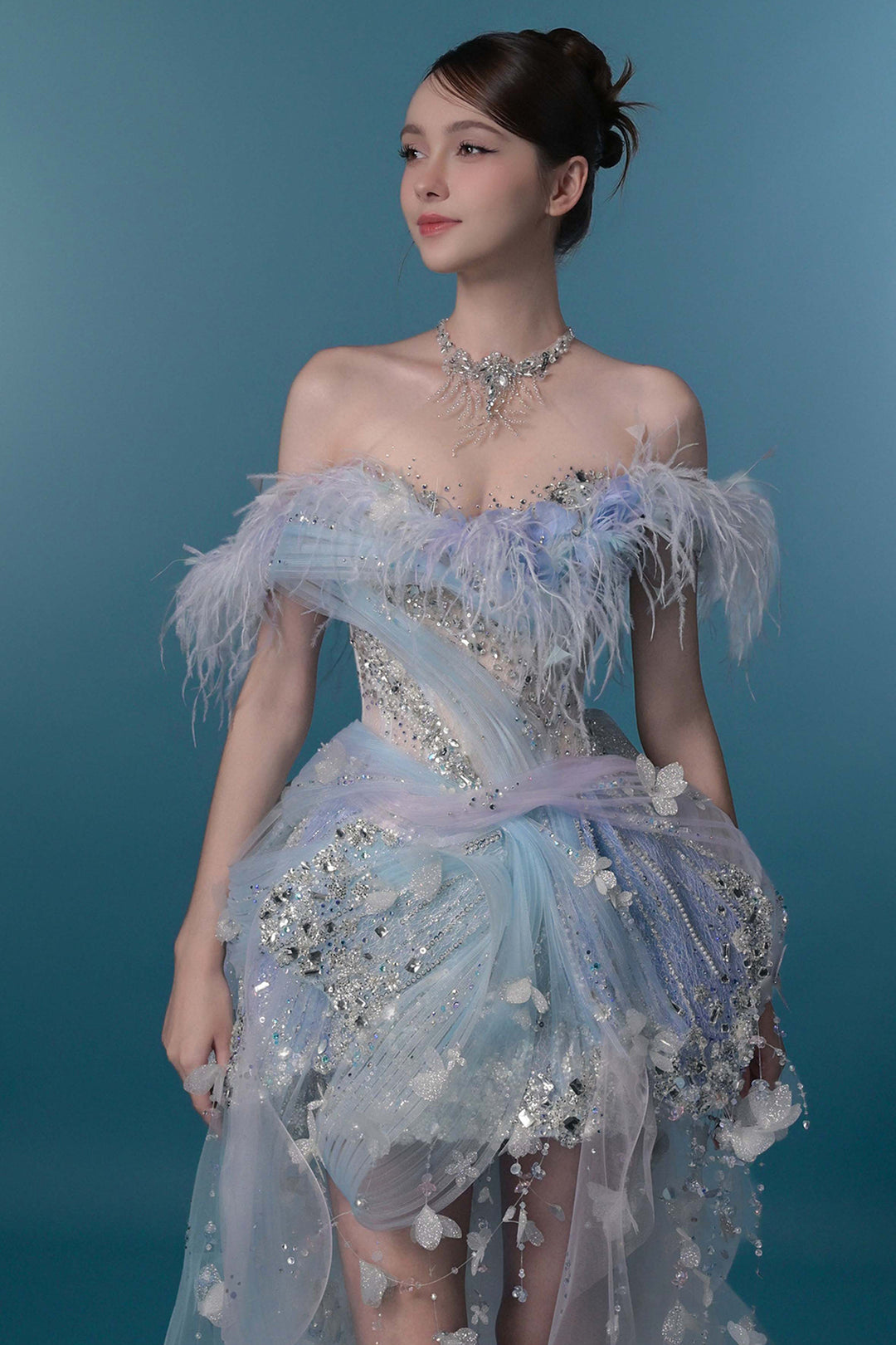 Off-The-Shoulder Tulle Dress with 3D Floral Appliqués