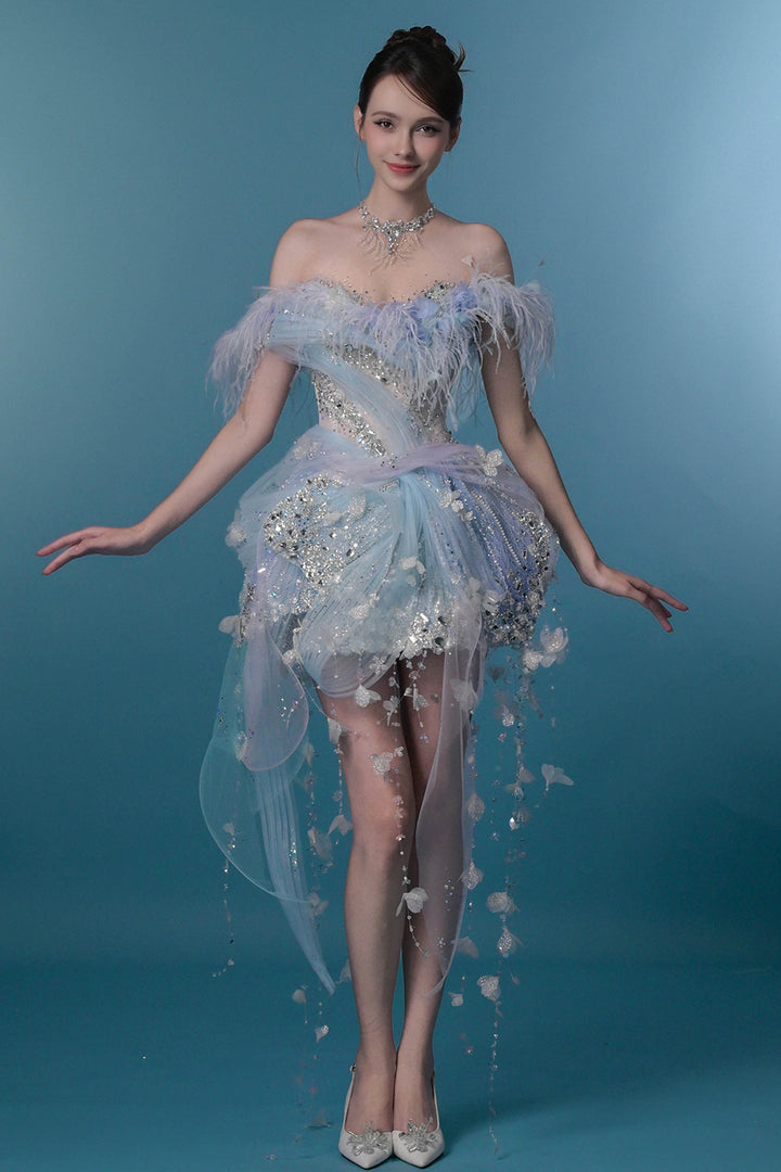 Off-The-Shoulder Tulle Dress with 3D Floral Appliqués