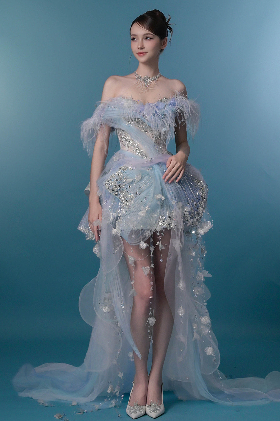 Off-The-Shoulder Tulle Dress with 3D Floral Appliqués