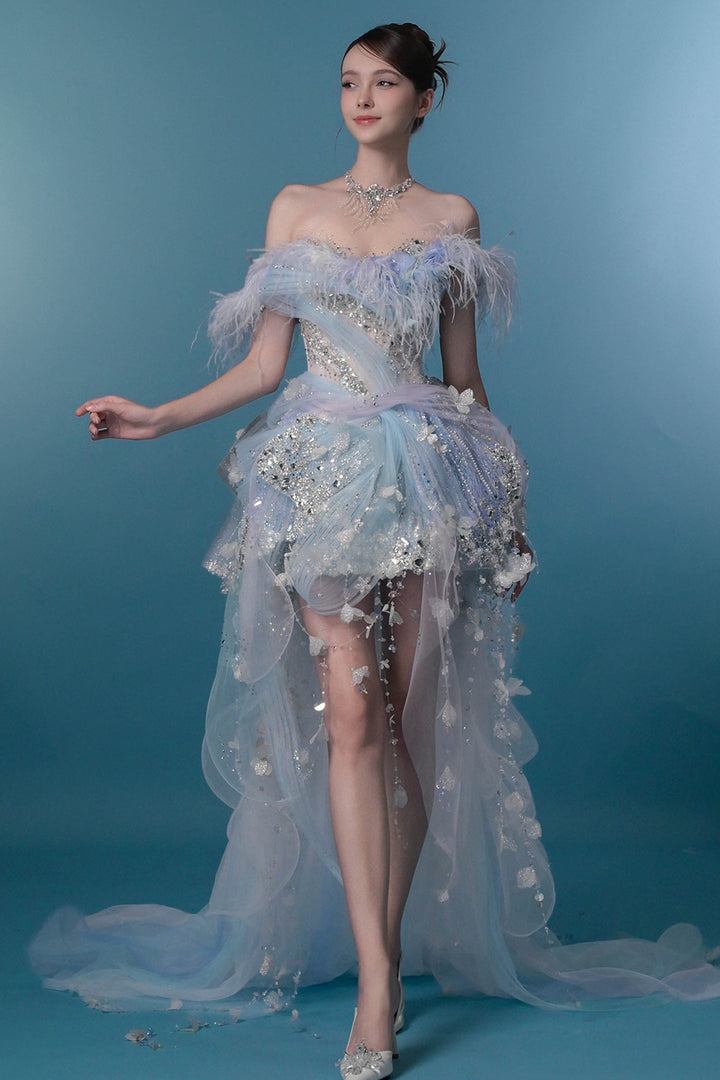 Off-The-Shoulder Tulle Dress with 3D Floral Appliqués