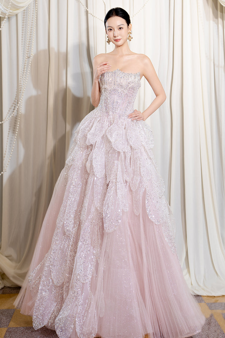Strapless Cascading Petal Long Dress