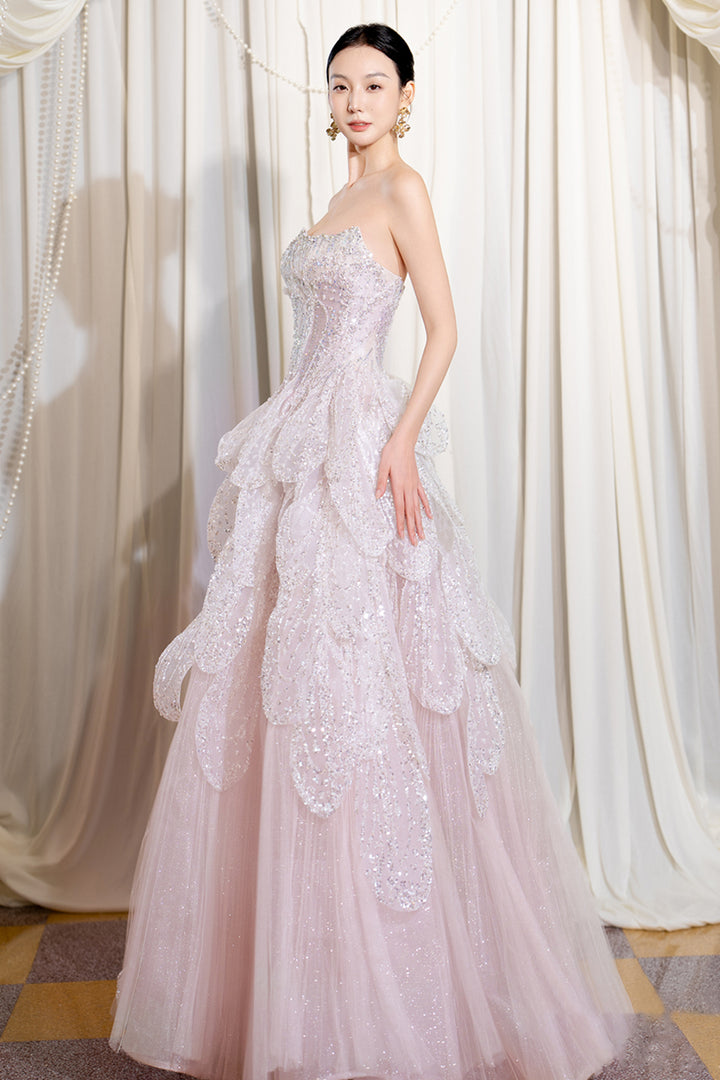 Strapless Cascading Petal Long Dress